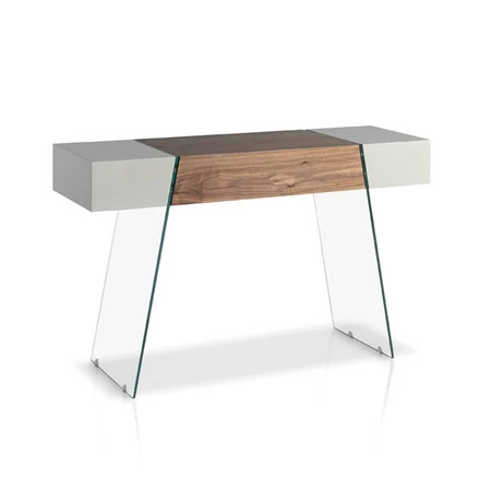 Amaya diófa és gyöngyszürke üveg konzolasztal - 120 cm