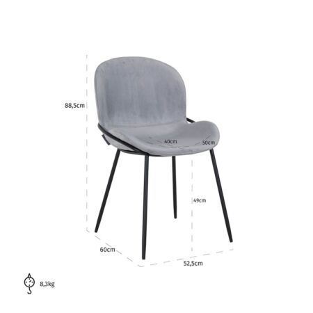 Ella szürke bársony szék fekete lábbakkal - 88,5 cm