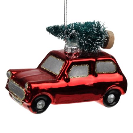 Piros karácsonyi autó fenyőfával - 1 db