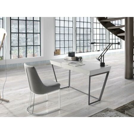 Dreena lakkozott fehér-ezüst fa és acél íróasztal - 140 cm