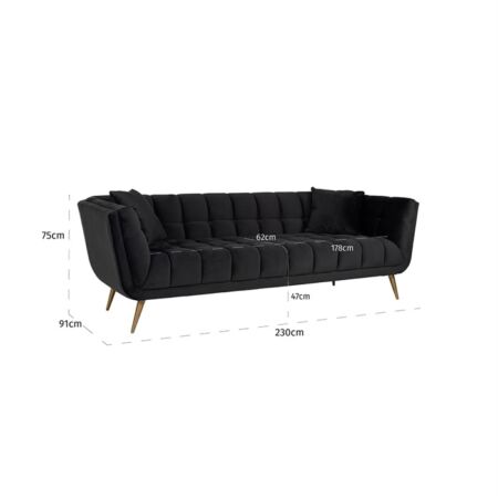 Huxley fekete bársony kanapé arany lábakkal - 230cm